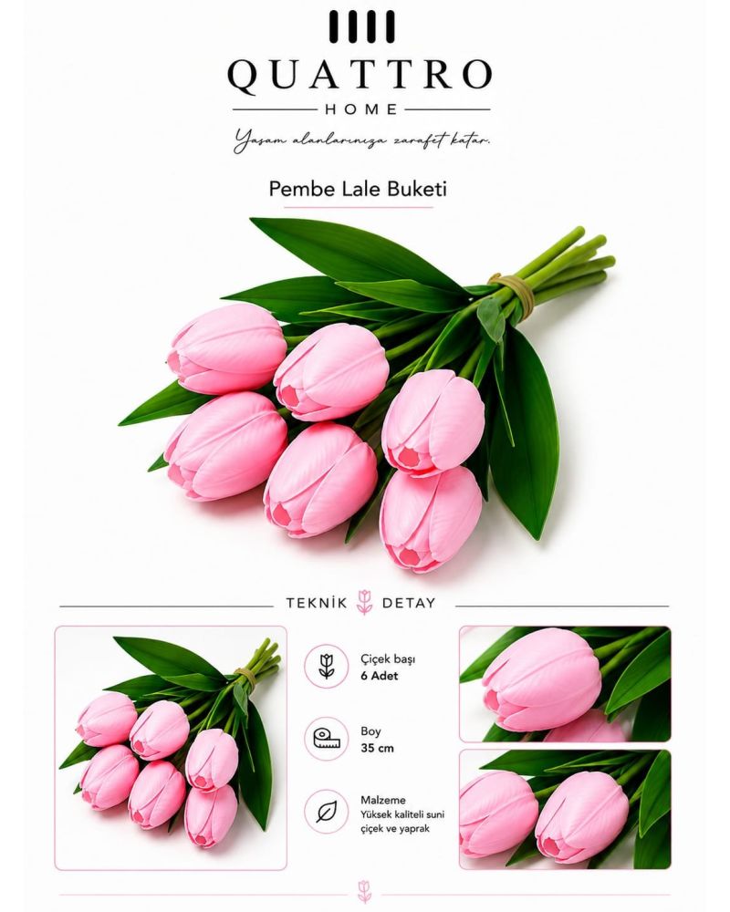 Pembe Lale Buketi 35 cm 6 Başlı Yapay Dekoratif Çiçek