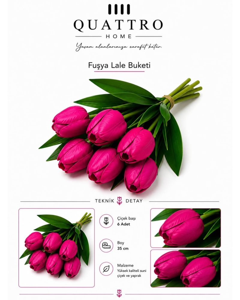 Pembe Lale Buketi 35 cm 6 Başlı Yapay Dekoratif Çiçek