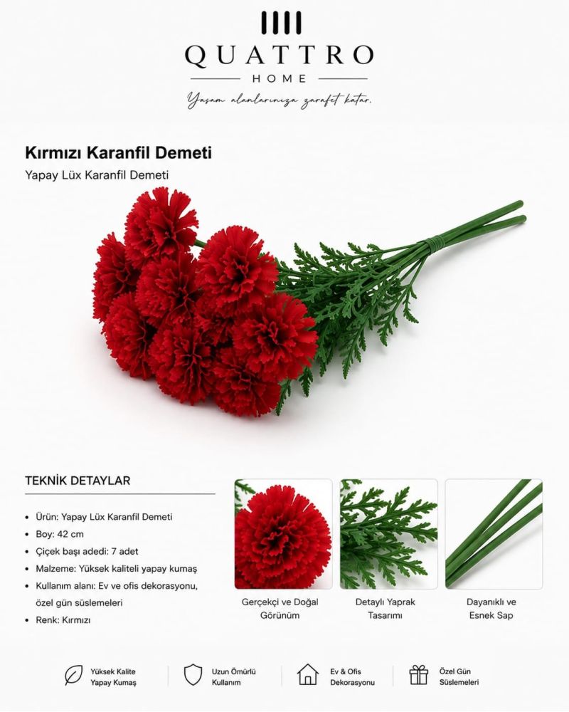 Kırmızı Lüx Karanfil Demeti 42 cm 7 Başlı Yapay Dekoratif Çiçek