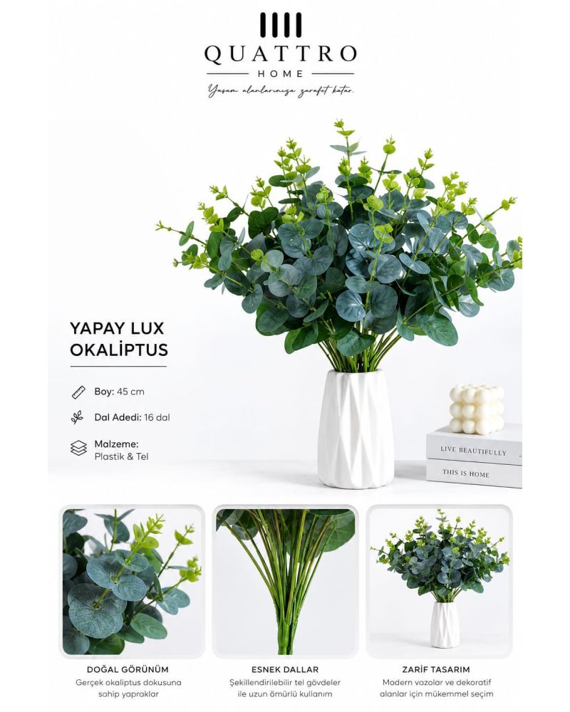 Yapay Lux Okaliptus 45 cm 16 Dallı Dekoratif Yeşil Bitki