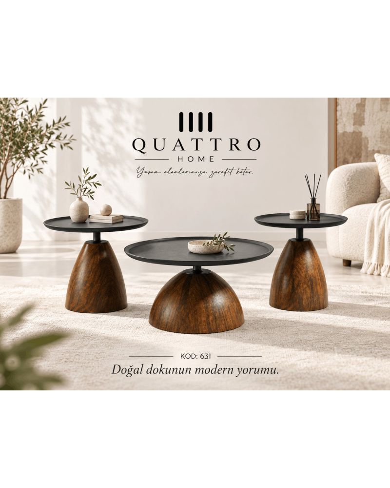 Varello 631 3’lü Yuvarlak Orta Sehpa-Büyük Sehpa: 70 × 70 × 38 cm Orta Sehpa: 60 × 60 × 49 cm Küçük Sehpa: 45 × 45 × 52 cm