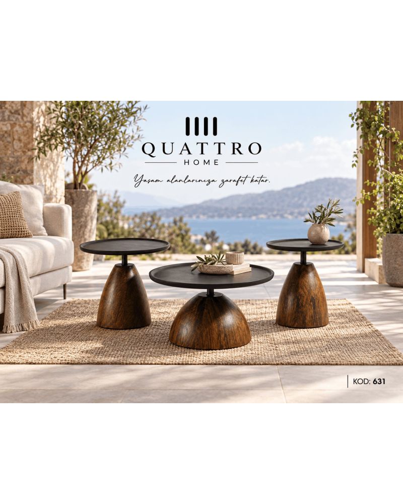 Varello 631 3’lü Yuvarlak Orta Sehpa-Büyük Sehpa: 70 × 70 × 38 cm Orta Sehpa: 60 × 60 × 49 cm Küçük Sehpa: 45 × 45 × 52 cm
