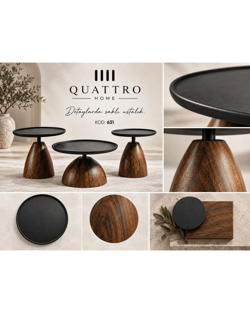 Varello 631 3’lü Yuvarlak Orta Sehpa-Büyük Sehpa: 70 × 70 × 38 cm Orta Sehpa: 60 × 60 × 49 cm Küçük Sehpa: 45 × 45 × 52 cm