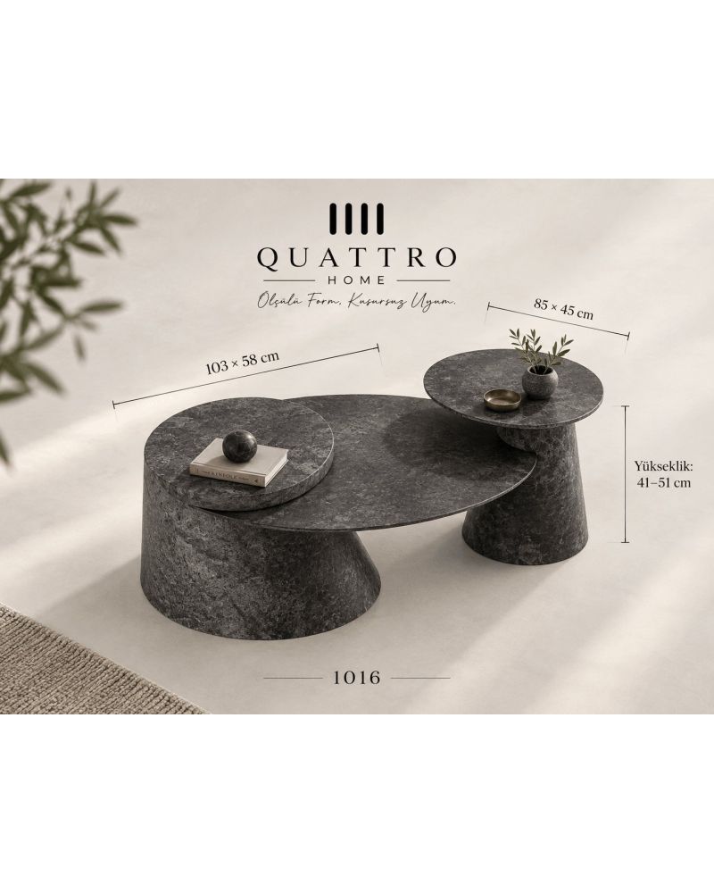 Arvena 1016 Doğal Taş Görünümlü Orta Sehpa-Büyük bölüm: 103 × 58 cm Küçük bölüm: 85 × 45 cm Yükseklik: 41–51 cm