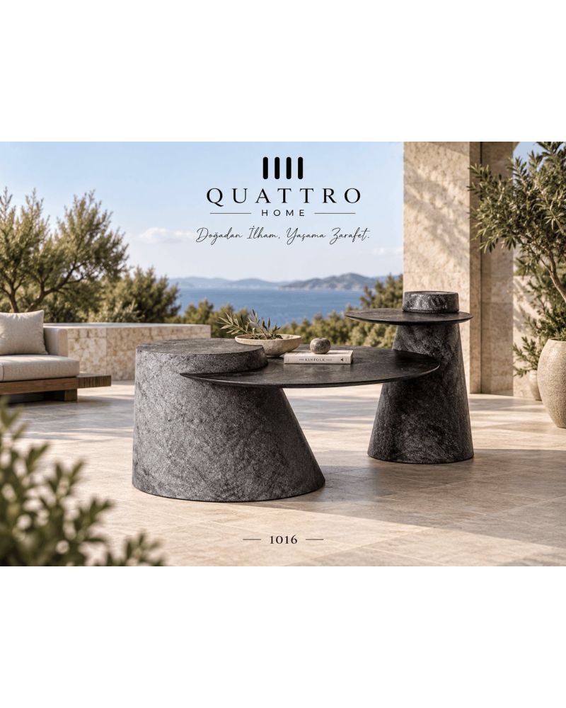 Arvena 1016 Doğal Taş Görünümlü Orta Sehpa-Büyük bölüm: 103 × 58 cm Küçük bölüm: 85 × 45 cm Yükseklik: 41–51 cm
