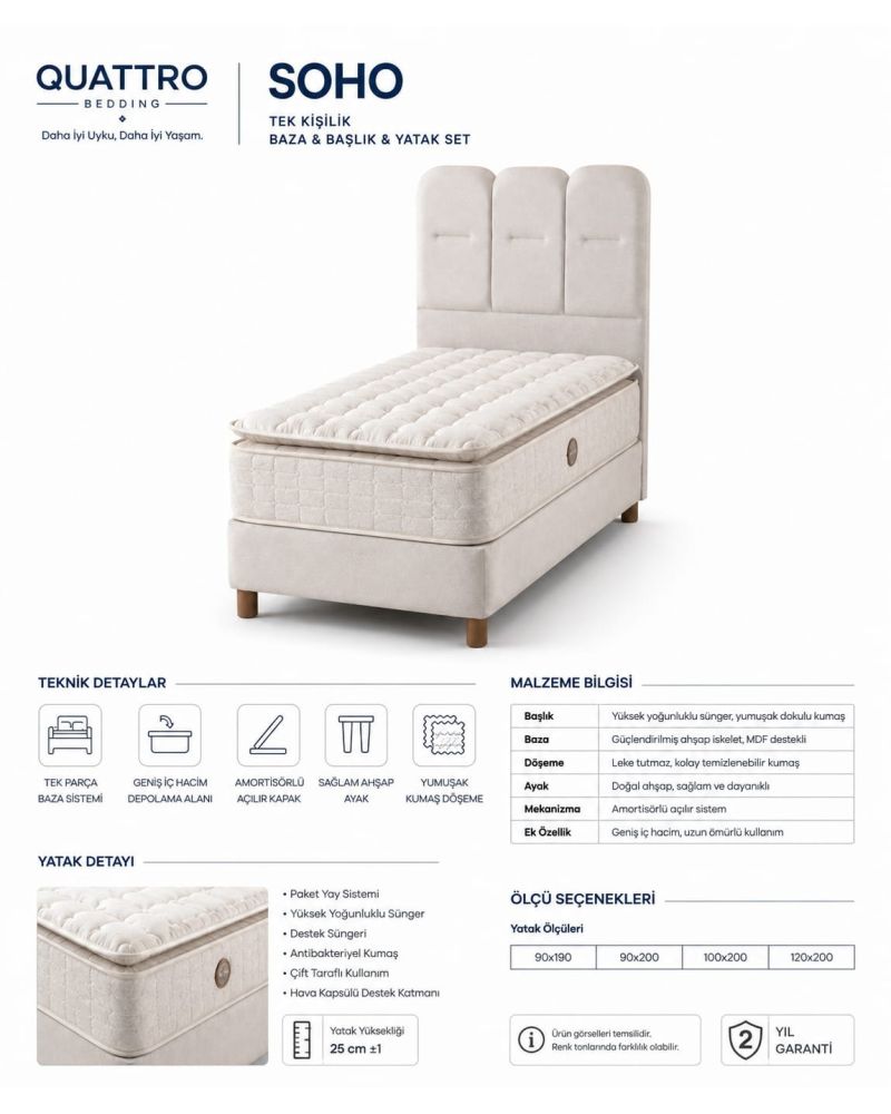 Soho Tek Kişilik Baza Başlık ve Paket Yaylı Yatak Seti
