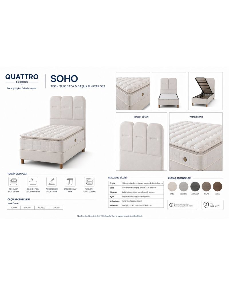 Soho Tek Kişilik Baza Başlık ve Paket Yaylı Yatak Seti