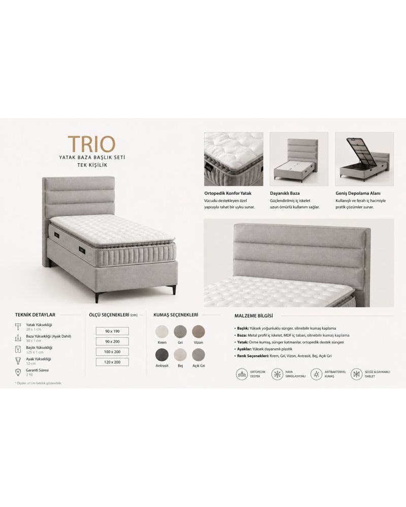 Trio Tek Kişilik Yatak Baza Başlık Seti