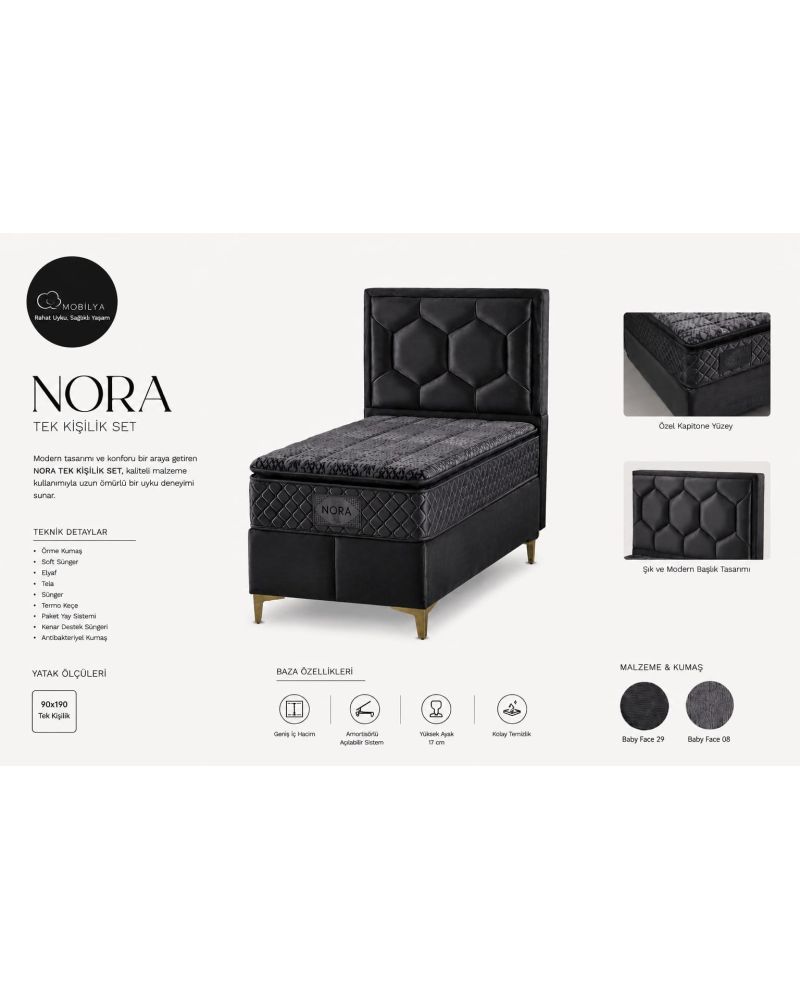 Nora Tek Kişilik Baza Başlık ve Paket Yaylı Yatak Seti