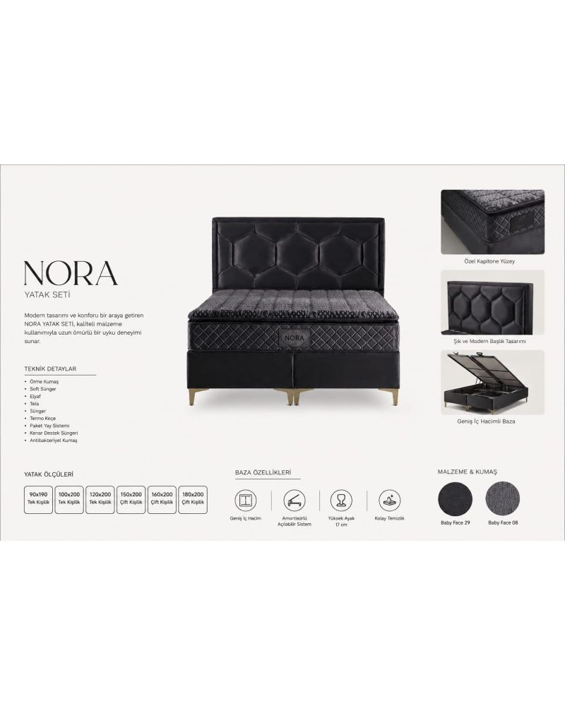 Nora Çift Kişilik Baza Başlık ve Paket Yaylı Yatak Seti