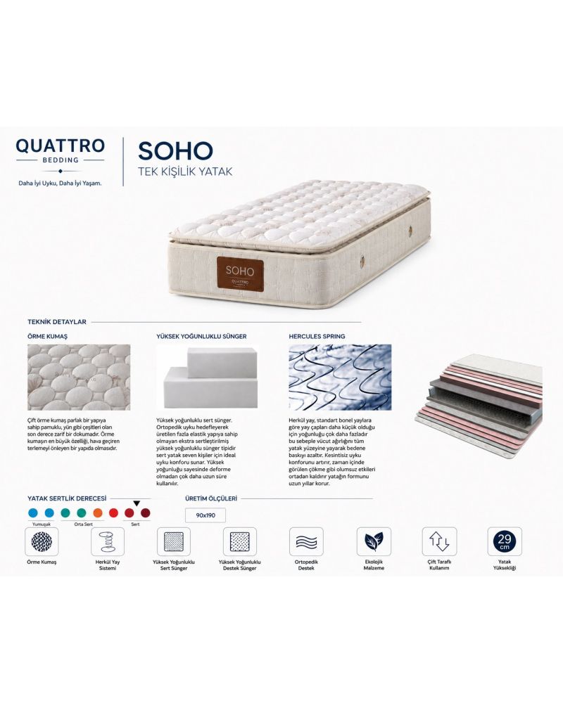 Soho Tek Kişilik Ortopedik Herkül Yaylı Sert Yatak 90x190 cm – 29 cm