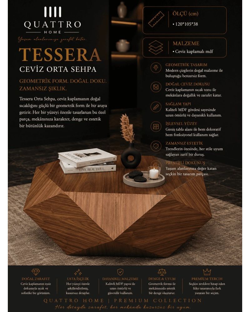 Quattro Home Tessera Ceviz Kaplamalı MDF Geometrik Orta Sehpa 120x105x38 cm