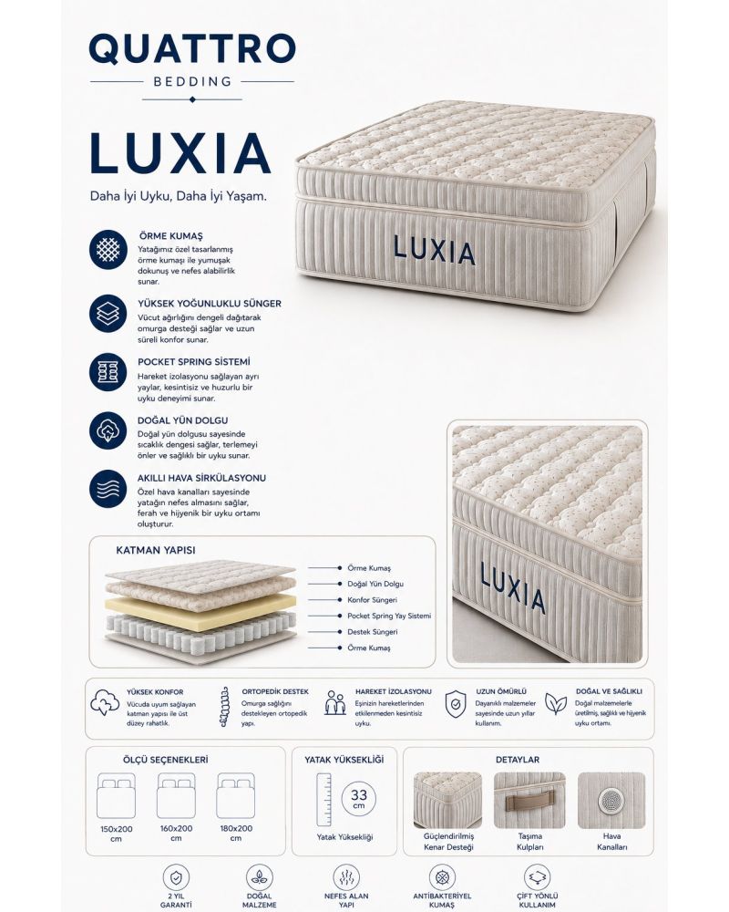 Luxia Pocket Yaylı Doğal Yün Dolgulu Ortopedik Yatak 33 cm
