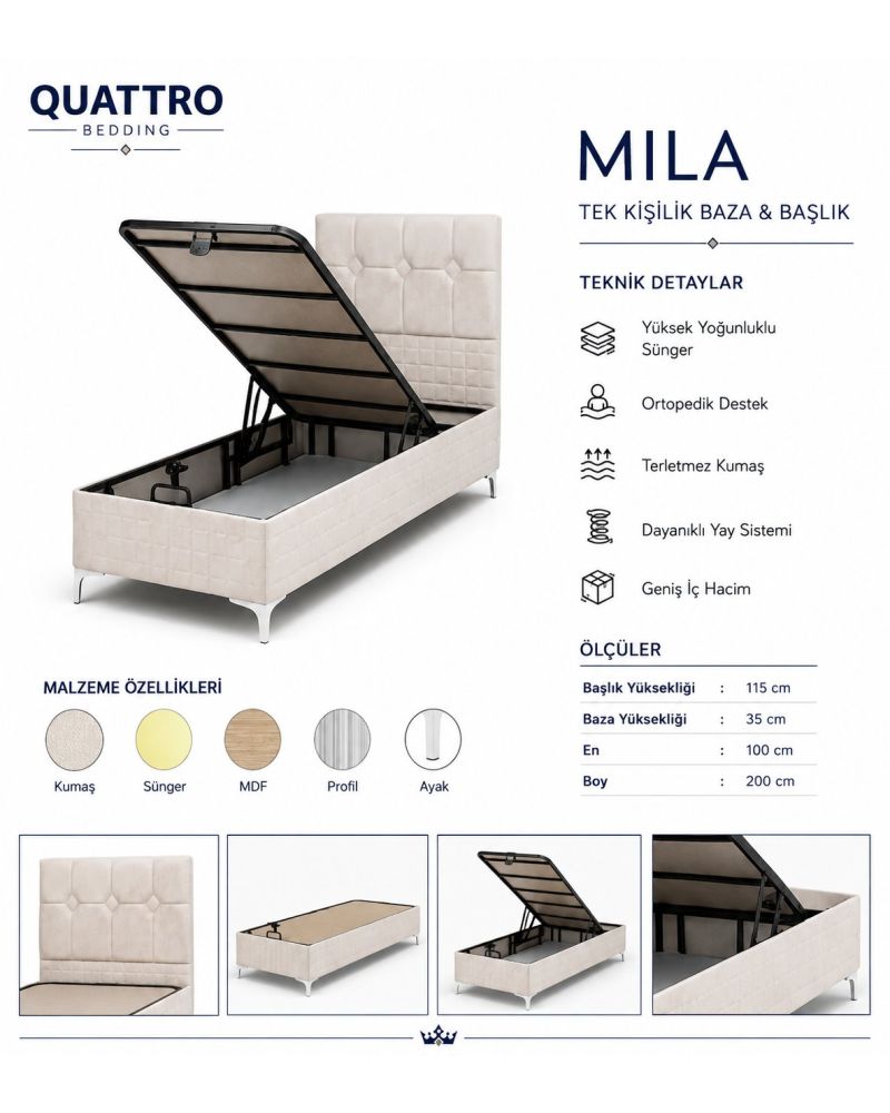 Mila Tek Kişilik Baza Başlık Yatak Seti