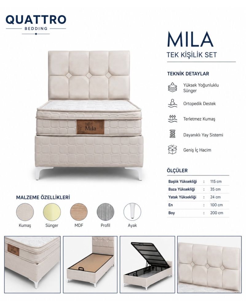 Mila Tek Kişilik Baza Başlık Yatak Seti
