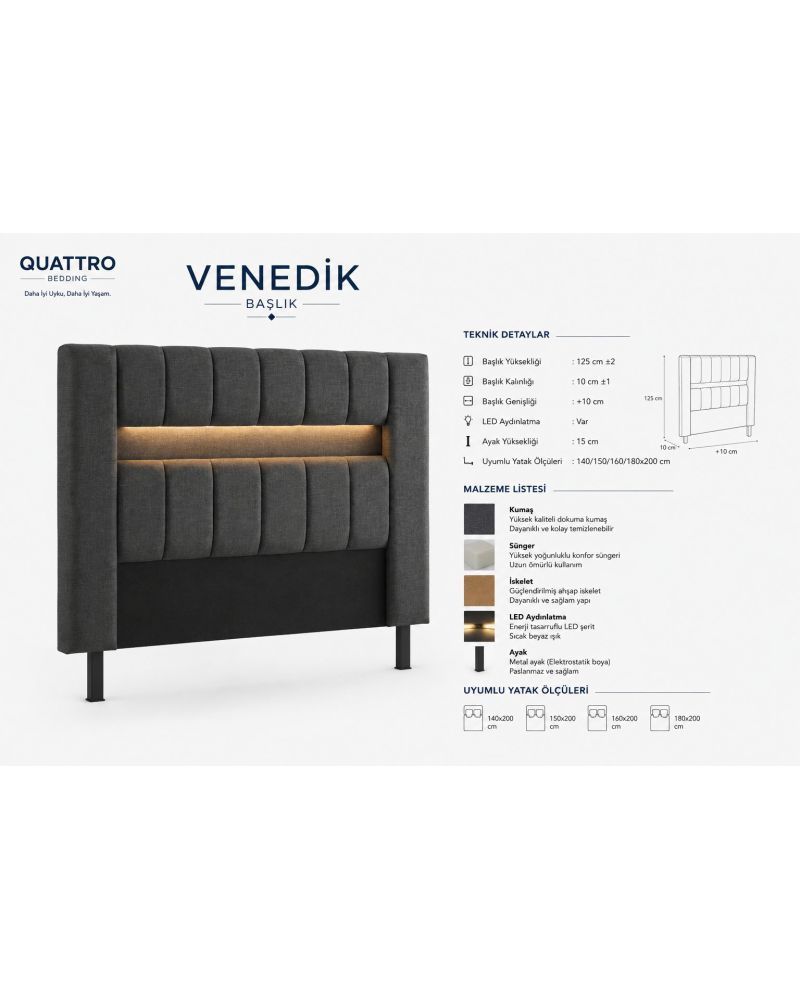 Venedik LED Aydınlatmalı Çift Kişilik Yatak Başlığı