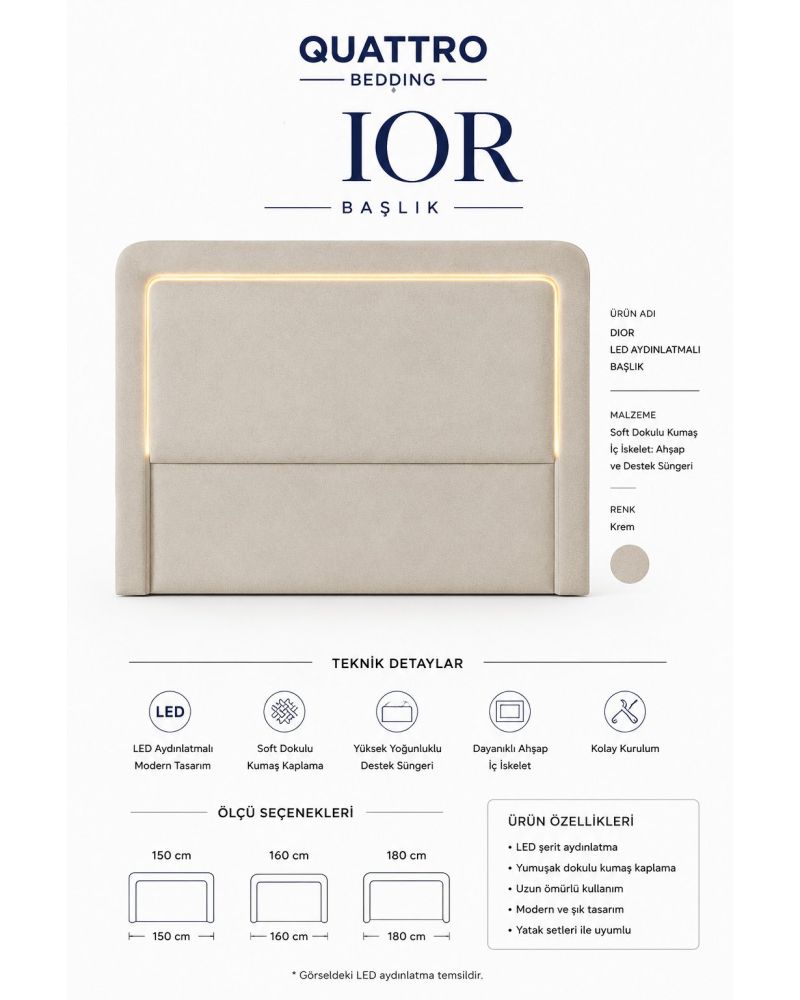 Ior LED Aydınlatmalı Çift Kişilik Yatak Başlığı