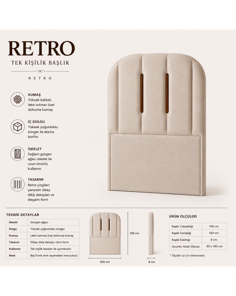 Retro Tek Kişilik Yatak Baza Başlık Seti