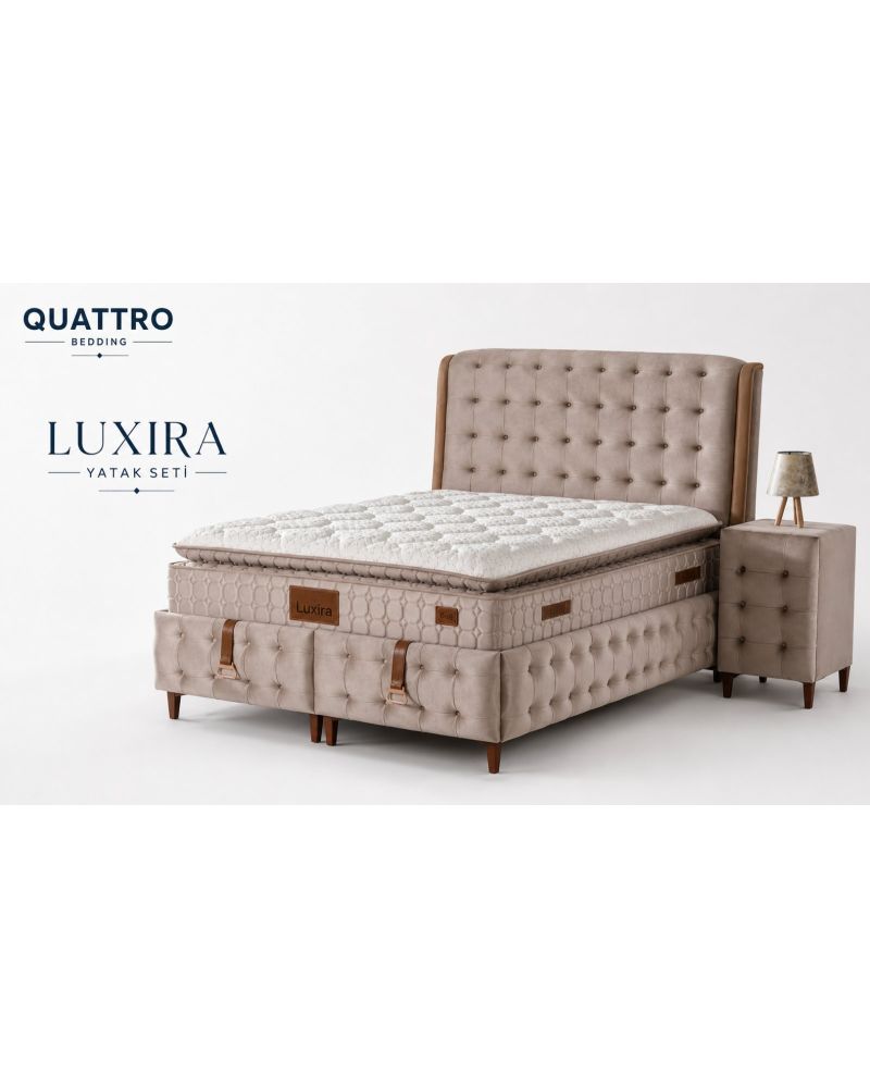 Luxira Çift Kişilik Baza Başlık Yatak ve Komodin Seti