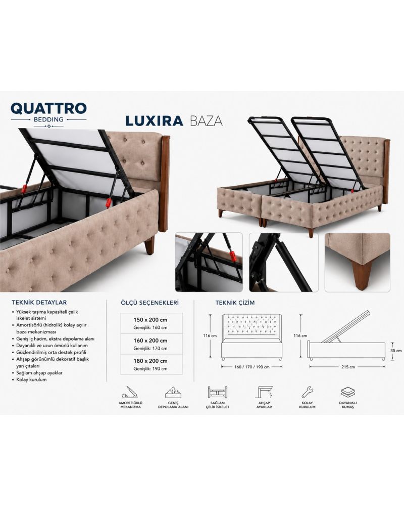 Luxira Çift Kişilik Baza Başlık Yatak ve Komodin Seti