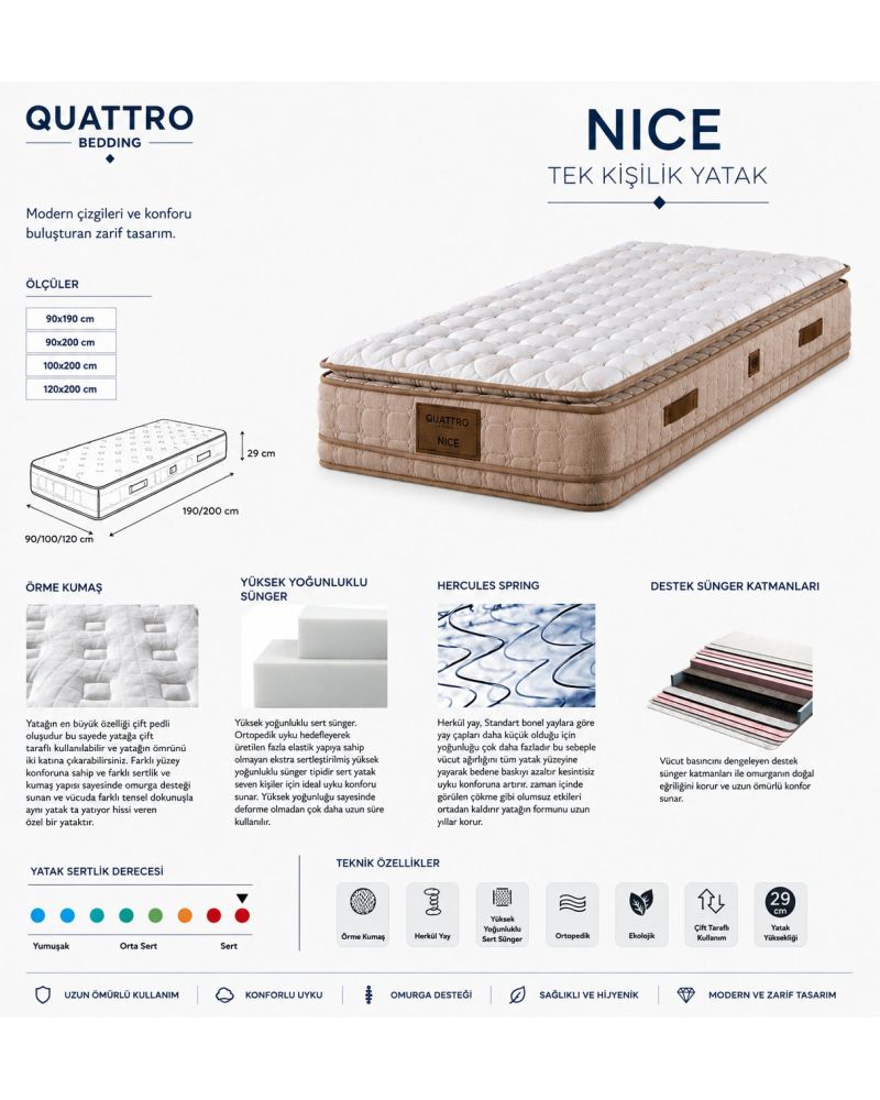Quattro Home Nice Tek Kişilik Hercules Yaylı Orta Sert Yatak 29 cm