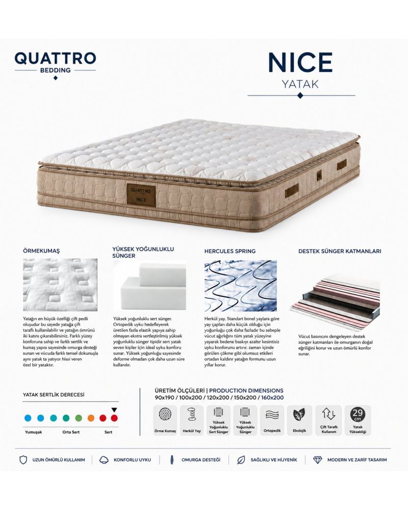 Quattro Home Nice Orta Sert Hercules Yaylı Çift Taraflı Yatak