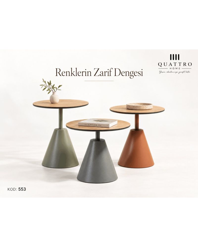 Üçlü Zigon Sehpa Seti - Doğal Meşe Görünümlü ve Renkli Metal Ayaklı--(1)-45 *h 43 cm - (2)- 43 cm *h 45 *(3) 43 cm *h 51 cm