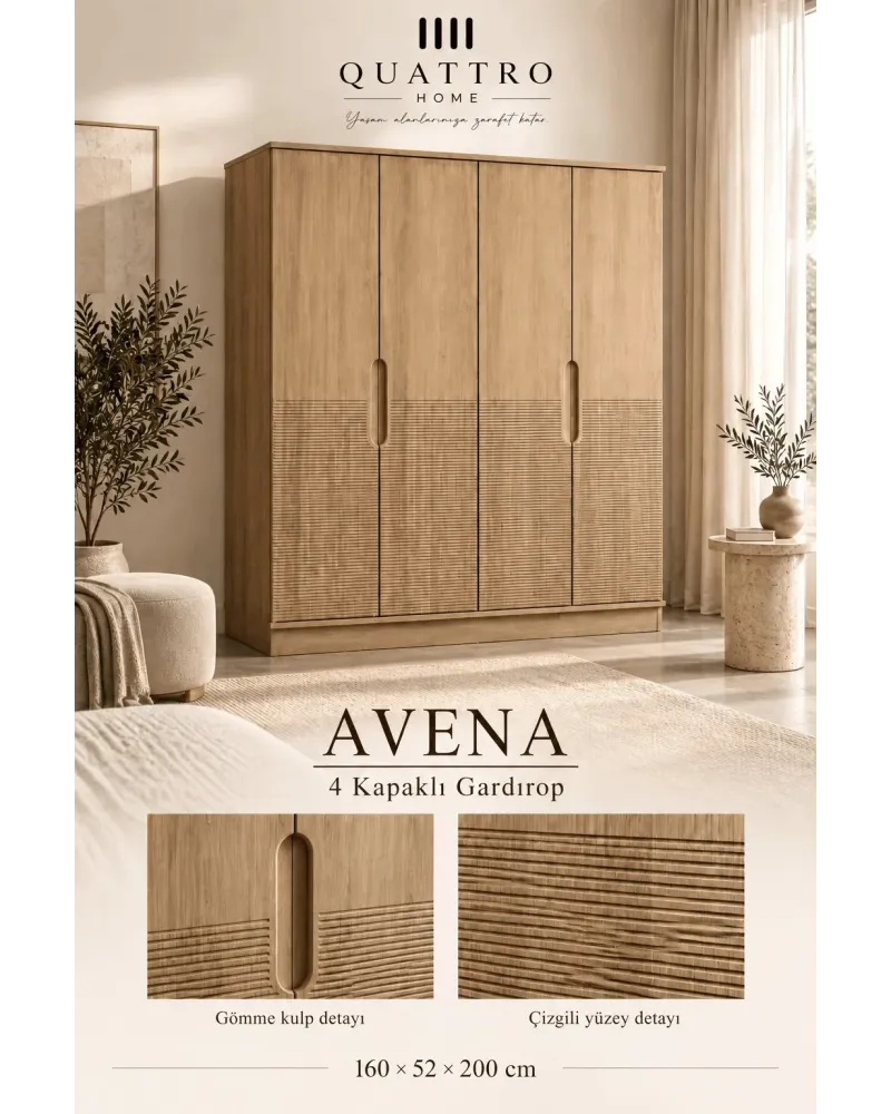 Avena Dört Kapaklı Modern Gardırop-Genişlik: 160 cm Derinlik: 52 cm Yükseklik: 200 cm Kapak sayısı: 4