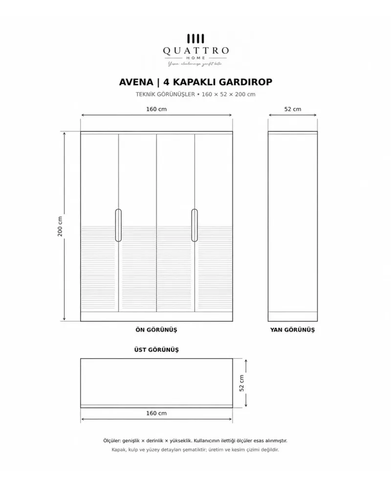 Avena Dört Kapaklı Modern Gardırop-Genişlik: 160 cm Derinlik: 52 cm Yükseklik: 200 cm Kapak sayısı: 4