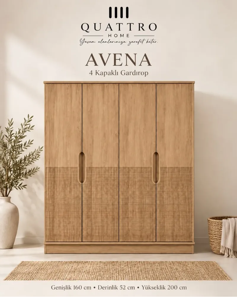 Avena Dört Kapaklı Modern Gardırop-Genişlik: 160 cm Derinlik: 52 cm Yükseklik: 200 cm Kapak sayısı: 4