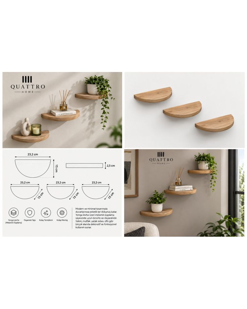 3'lü Oval Duvar Rafı Ceviz Desenli 115 cm