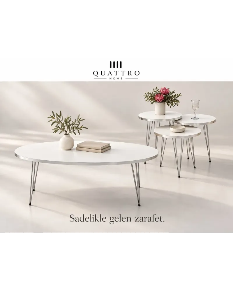 Gümüş Tel Ayaklı Beyaz 4'lü Sehpa Seti