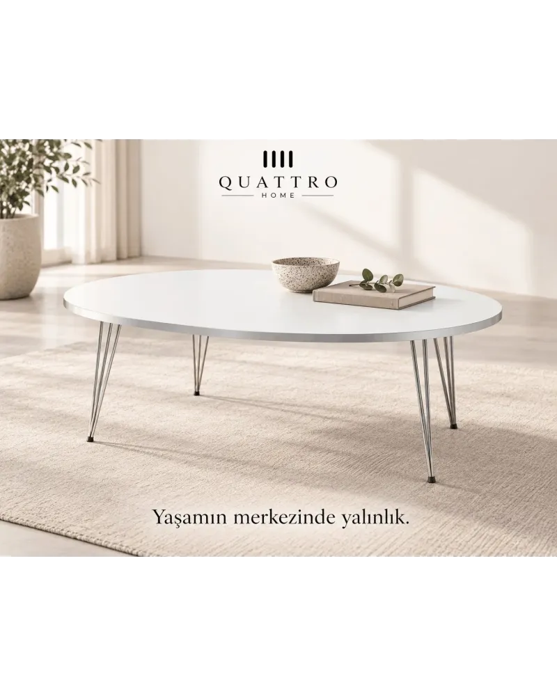 Gümüş Tel Ayaklı Beyaz 4'lü Sehpa Seti