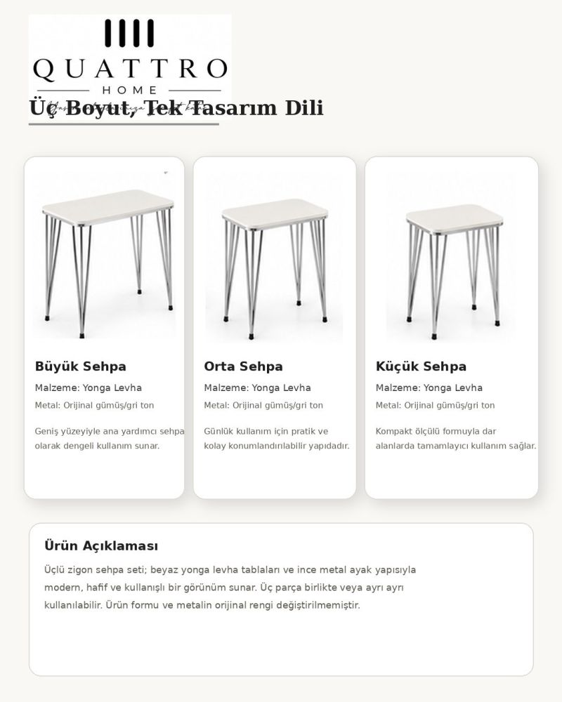 Gümüş Tel Ayaklı Beyaz 3'lü Zigon Sehpa Takımı