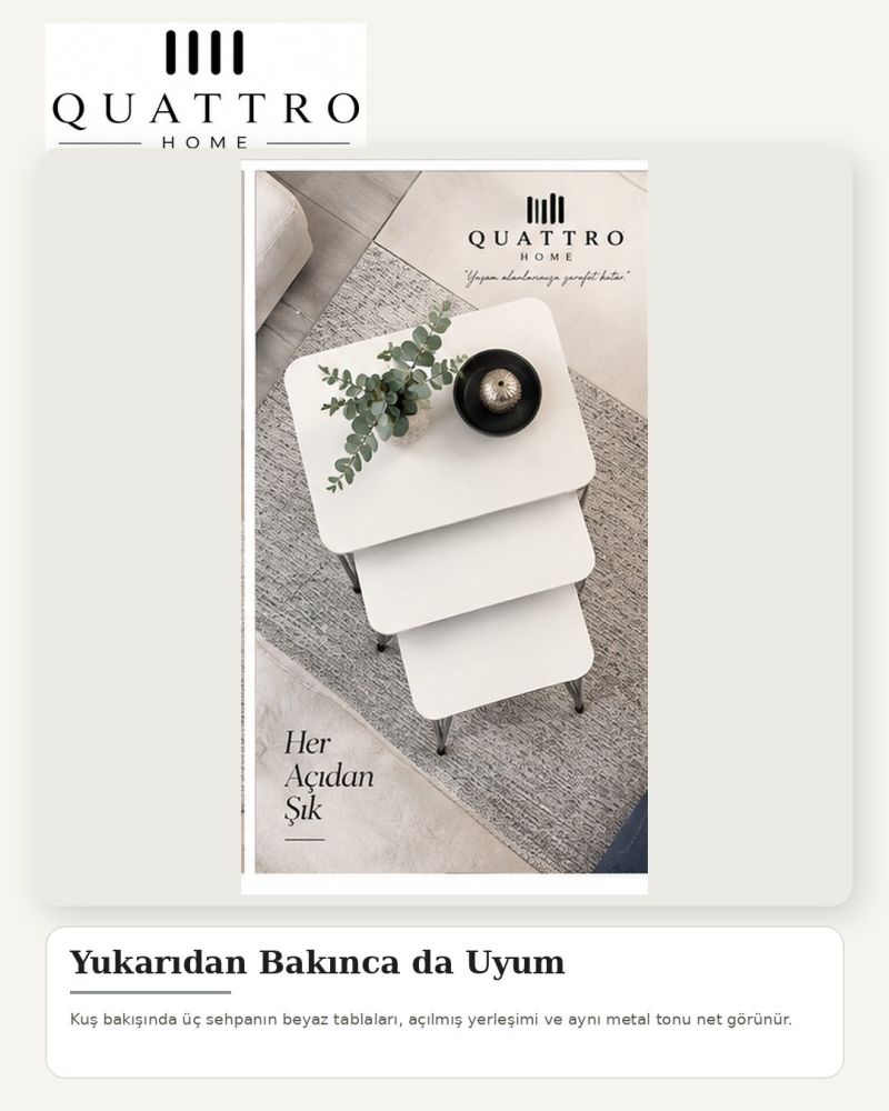 Gümüş Tel Ayaklı Beyaz 3'lü Zigon Sehpa Takımı