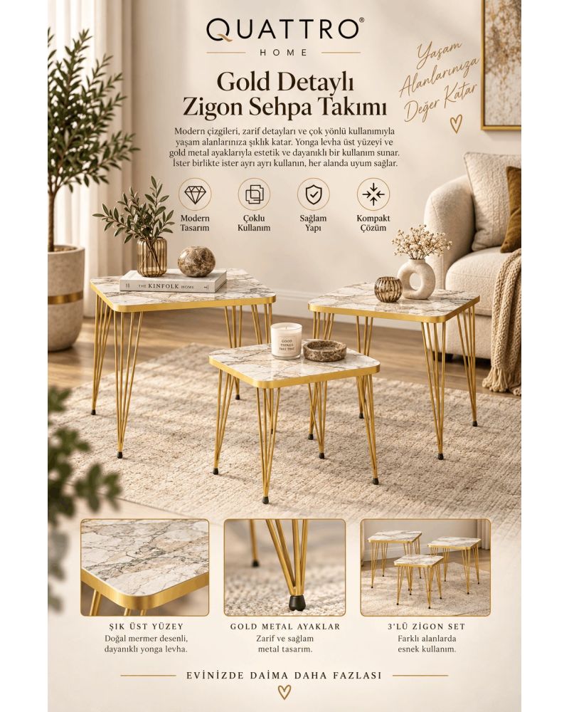 Efes Mermer Desenli Beyaz ve Gold Metal Ayaklı 3'lü Zigon Sehpa Takımı