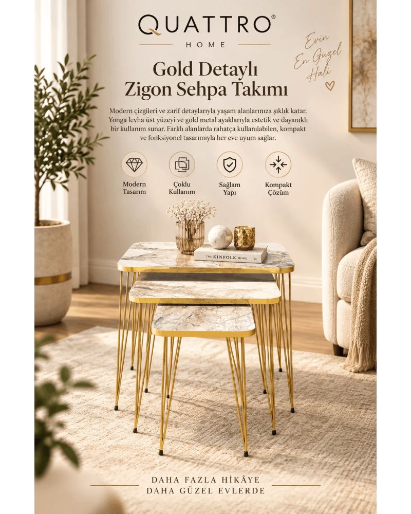 Efes Mermer Desenli Beyaz ve Gold Metal Ayaklı 3'lü Zigon Sehpa Takımı
