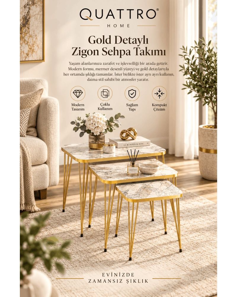 Efes Mermer Desenli Beyaz ve Gold Metal Ayaklı 3'lü Zigon Sehpa Takımı