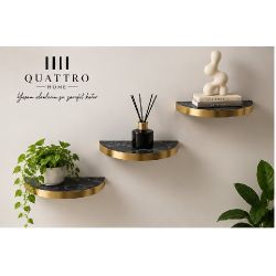 3'lü Oval Duvar Rafı Siyah Mermer Desenli Gold Kenarlı