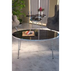 Siyah Sehpa Seti 4 Parça Gümüş Metal Ayaklı