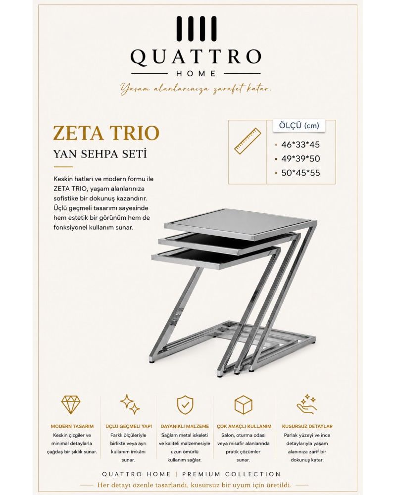 Zeta Trio Dikdörtgen Üçlü Yan Sehpa Seti Gümüş Metal Parlak Yüzey
