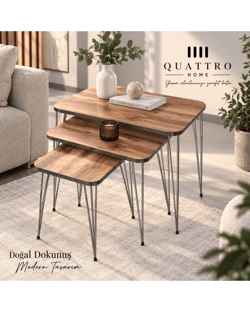 Zigon Sehpa Takımı Ceviz Desenli Kahverengi Gümüş Metal Ayaklı