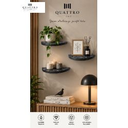 3'lü Oval Duvar Rafı Siyah Mermer Desenli Dekoratif Raf Seti