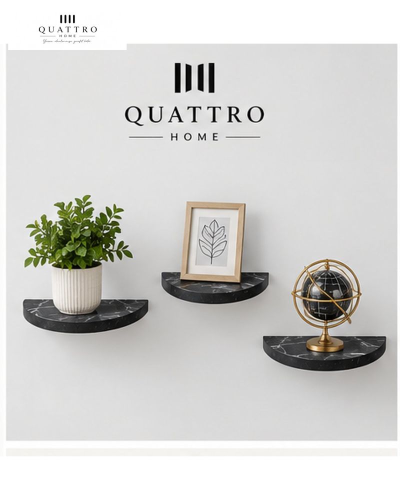 3'lü Oval Duvar Rafı Siyah Mermer Desenli Dekoratif Raf Seti