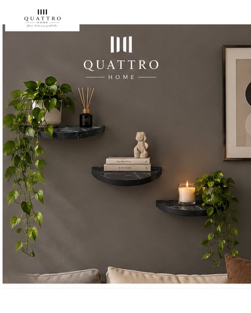 3'lü Oval Duvar Rafı Siyah Mermer Desenli Dekoratif Raf Seti