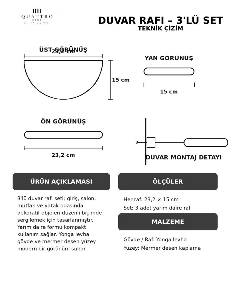 3'lü Oval Duvar Rafı Siyah Mermer Desenli Dekoratif Raf Seti