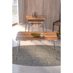 Ceviz Desenli Gümüş Metal Ayaklı 4'lü Sehpa Seti
