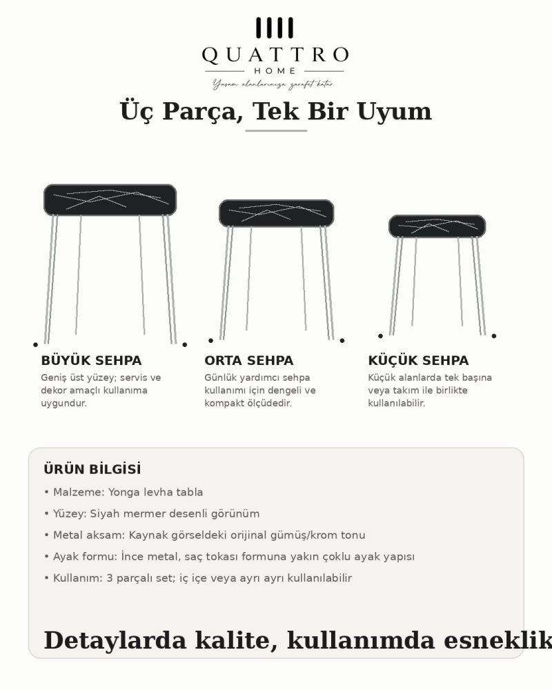 Gold Tel Zigon Sehpa Takımı Siyah Mermer Desenli 3'lü