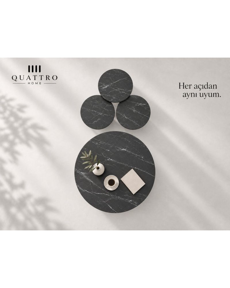 Siyah Mermer Desenli 4'lü Sehpa Seti