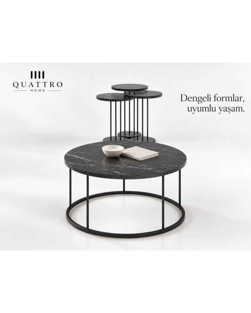 Siyah Mermer Desenli 4'lü Sehpa Seti